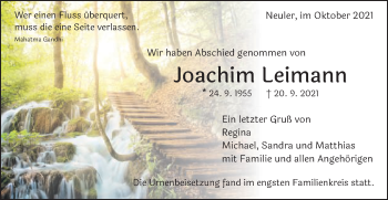 Traueranzeige von Joachim Leimann von Schwäbische Post