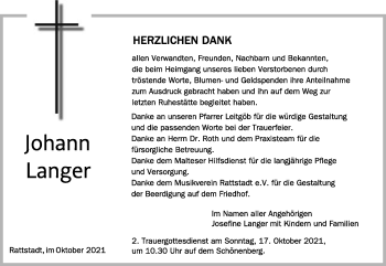Traueranzeige von Johann Langer von Schwäbische Post