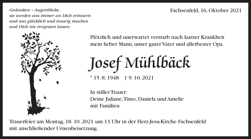  Traueranzeige für Josef Mühlbäck vom 16.10.2021 aus Schwäbische Post