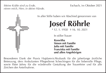 Traueranzeige von Josef Röhrle von Gmünder Tagespost