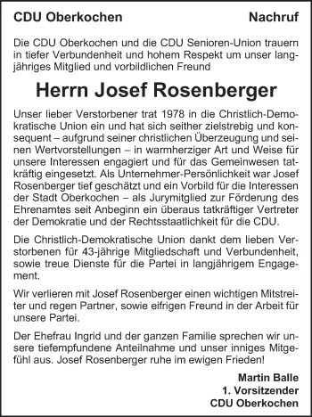 Traueranzeige von Josef  Rosenberger von Amtsblatt_Oko