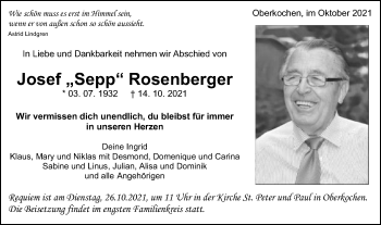 Traueranzeige von Josef  Rosenberger von Schwäbische Post