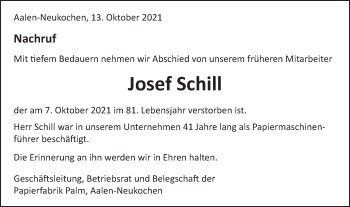 Traueranzeige von Josef Schill von Schwäbische Post