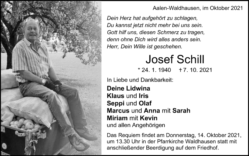  Traueranzeige für Josef Schill vom 09.10.2021 aus Schwäbische Post