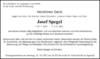 Traueranzeige von Josef Spegel von Schwäbische Post