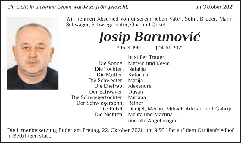  Traueranzeige für Josip Barunovic vom 21.10.2021 aus Gmünder Tagespost