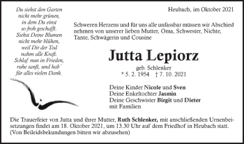 Traueranzeige von Jutta Lepiorz von Gmünder Tagespost
