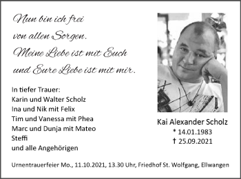 Traueranzeige von Kai Alexander Scholz von Schwäbische Post