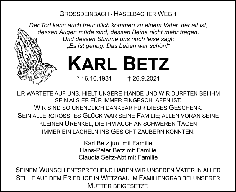  Traueranzeige für Karl Betz vom 09.10.2021 aus Gmünder Tagespost