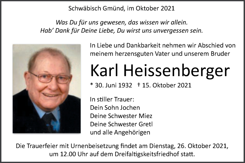  Traueranzeige für Karl Heissenberger vom 23.10.2021 aus Gmünder Tagespost