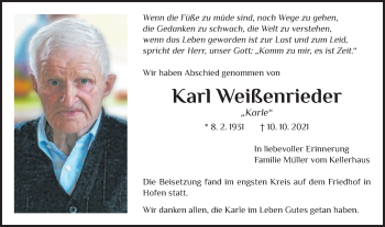 Traueranzeige von Karl Weißenrieder von Schwäbische Post