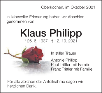 Traueranzeige von Klaus Philipp von Amtsblatt_Oko