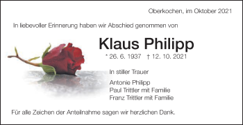 Traueranzeige von Klaus Philipp von Schwäbische Post
