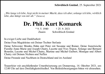Traueranzeige von Kurt Komarek von Gmünder Tagespost