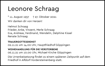 Traueranzeige von Leonore Schraag von Gmünder Tagespost