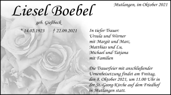 Traueranzeige von Liesel Boebel von Schwäbische Post