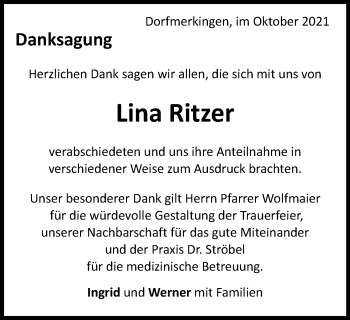 Traueranzeige von Lina Ritzer von Schwäbische Post