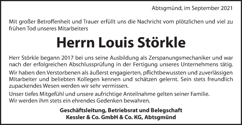  Traueranzeige für Louis Störkle vom 05.10.2021 aus Gmünder Tagespost