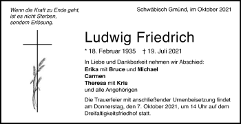 Traueranzeige von Ludwig Friedrich von Gmünder Tagespost