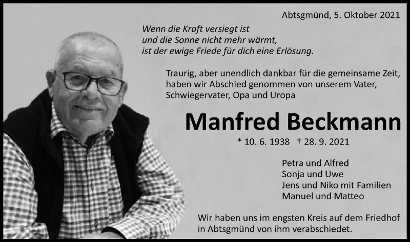  Traueranzeige für Manfred Beckmann vom 05.10.2021 aus Schwäbische Post