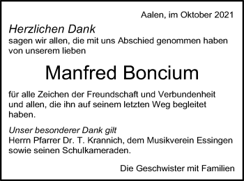 Traueranzeige von Manfred Boncium von Schwäbische Post