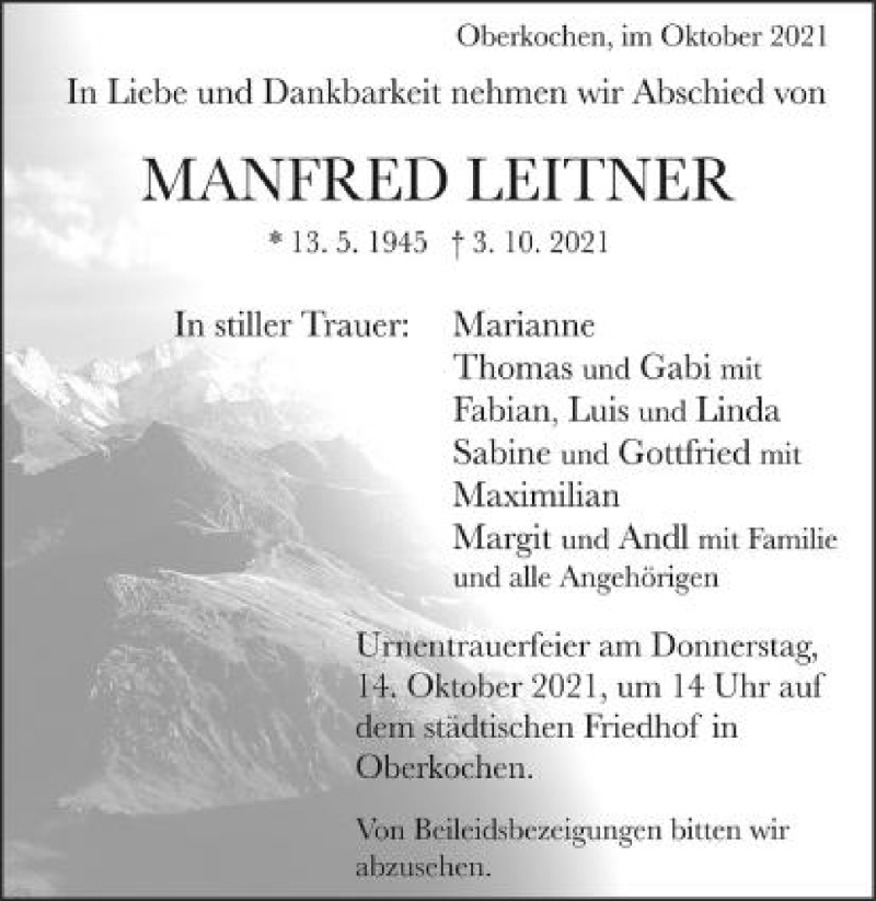  Traueranzeige für Manfred Leitner  vom 08.10.2021 aus Amtsblatt_Oko