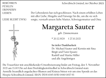 Traueranzeige von Margareta Sauter von Gmünder Tagespost