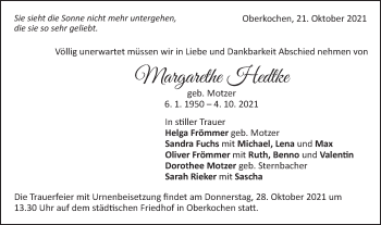 Traueranzeige von Margarethe Hedtke von Schwäbische Post
