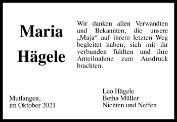 Traueranzeige von Maria Hägele von Gmünder Tagespost