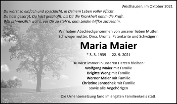 Traueranzeige von Maria Maier von Schwäbische Post