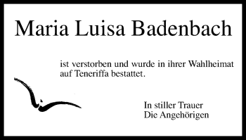 Traueranzeige von Maria Luisa Badenbach von Gmünder Tagespost