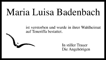 Traueranzeige von Maria Luisa Badenbach