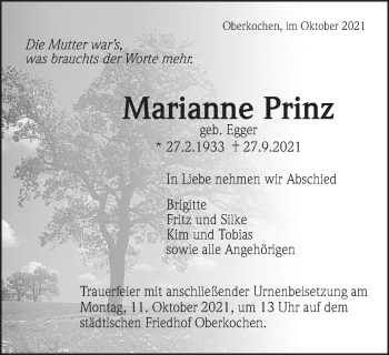 Traueranzeige von Marianne Prinz von Amtsblatt_Oko