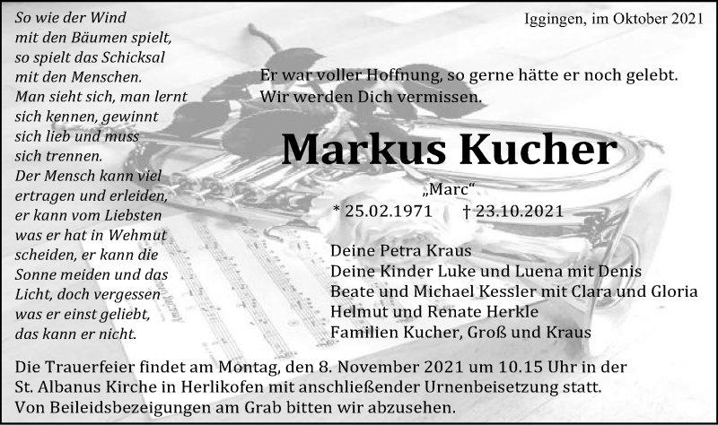  Traueranzeige für Markus Kucher vom 30.10.2021 aus Gmünder Tagespost