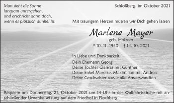 Traueranzeige von Marlene Mayer von Schwäbische Post