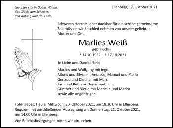 Traueranzeige von Marlies Weiß von Schwäbische Post