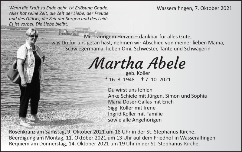  Traueranzeige für Martha Abele vom 08.10.2021 aus Schwäbische Post