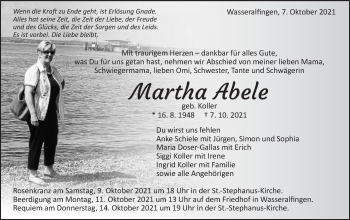 Traueranzeige von Martha Abele von Schwäbische Post