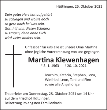 Traueranzeige von Martina Klewenhagen von Schwäbische Post