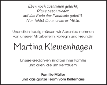 Traueranzeige von Martina Klewenhagen von Schwäbische Post