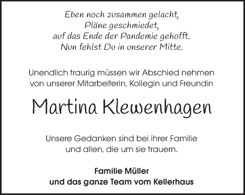  Traueranzeige für Martina Klewenhagen vom 26.10.2021 aus Schwäbische Post