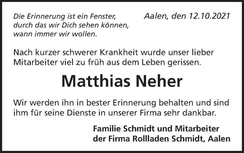  Traueranzeige für Matthias Neher vom 12.10.2021 aus Schwäbische Post