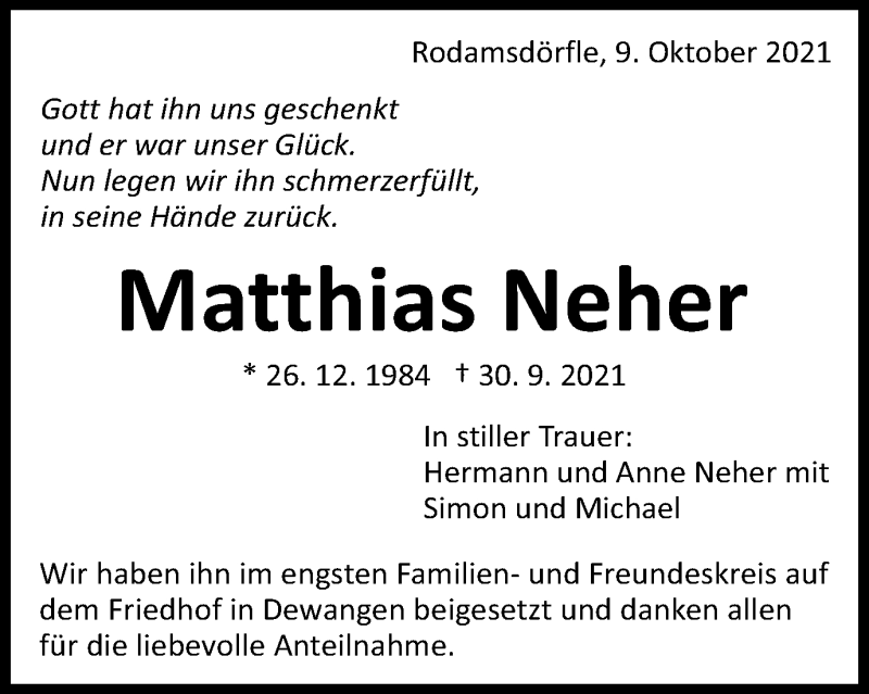  Traueranzeige für Matthias Neher vom 09.10.2021 aus Schwäbische Post