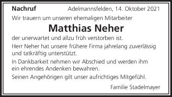 Traueranzeige von Matthias Neher von Schwäbische Post