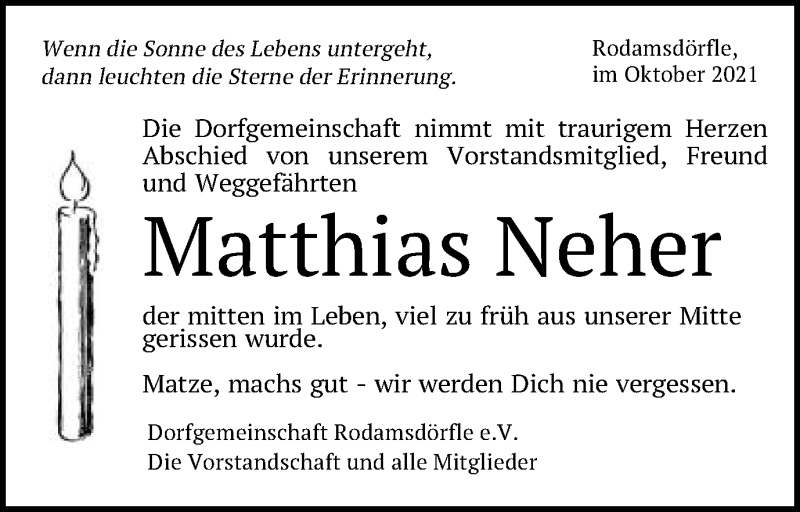  Traueranzeige für Matthias Neher vom 09.10.2021 aus Schwäbische Post