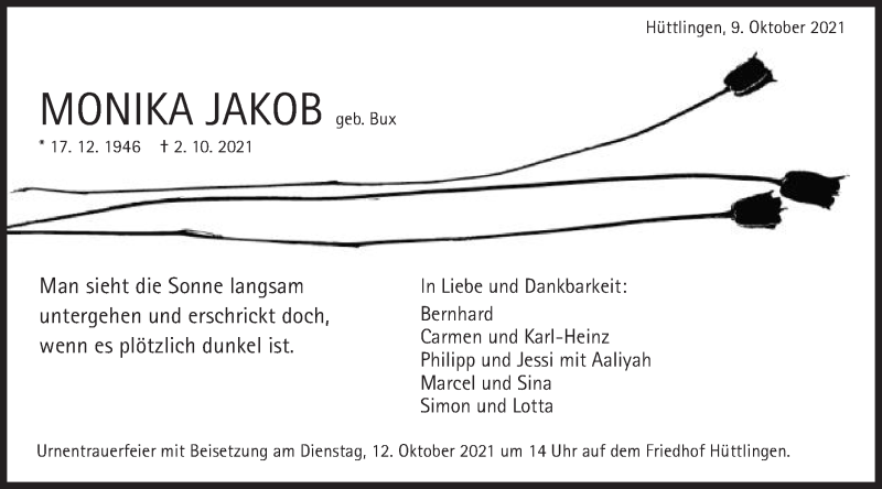  Traueranzeige für Monika Jakob  vom 09.10.2021 aus Schwäbische Post