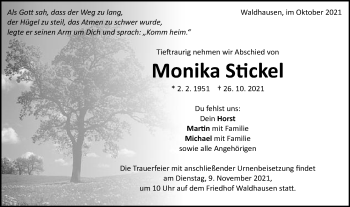 Traueranzeige von Monika Stickel von Schwäbische Post