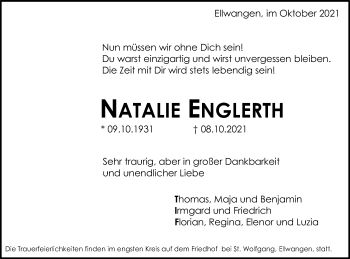 Traueranzeige von Natalie Englerth