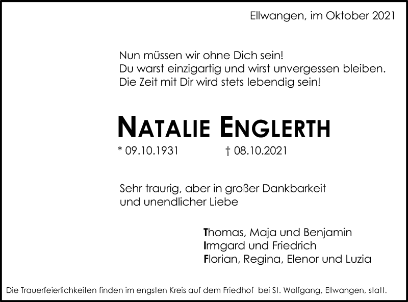  Traueranzeige für Natalie Englerth vom 14.10.2021 aus Schwäbische Post