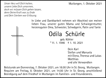 Traueranzeige von Odila Schürle von Gmünder Tagespost